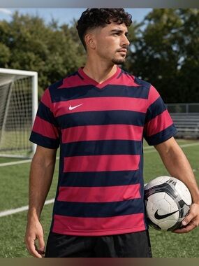 Nike Dri-FIT Red Black Striped Soccer Jersey Men’s M Athletic Waldo Top